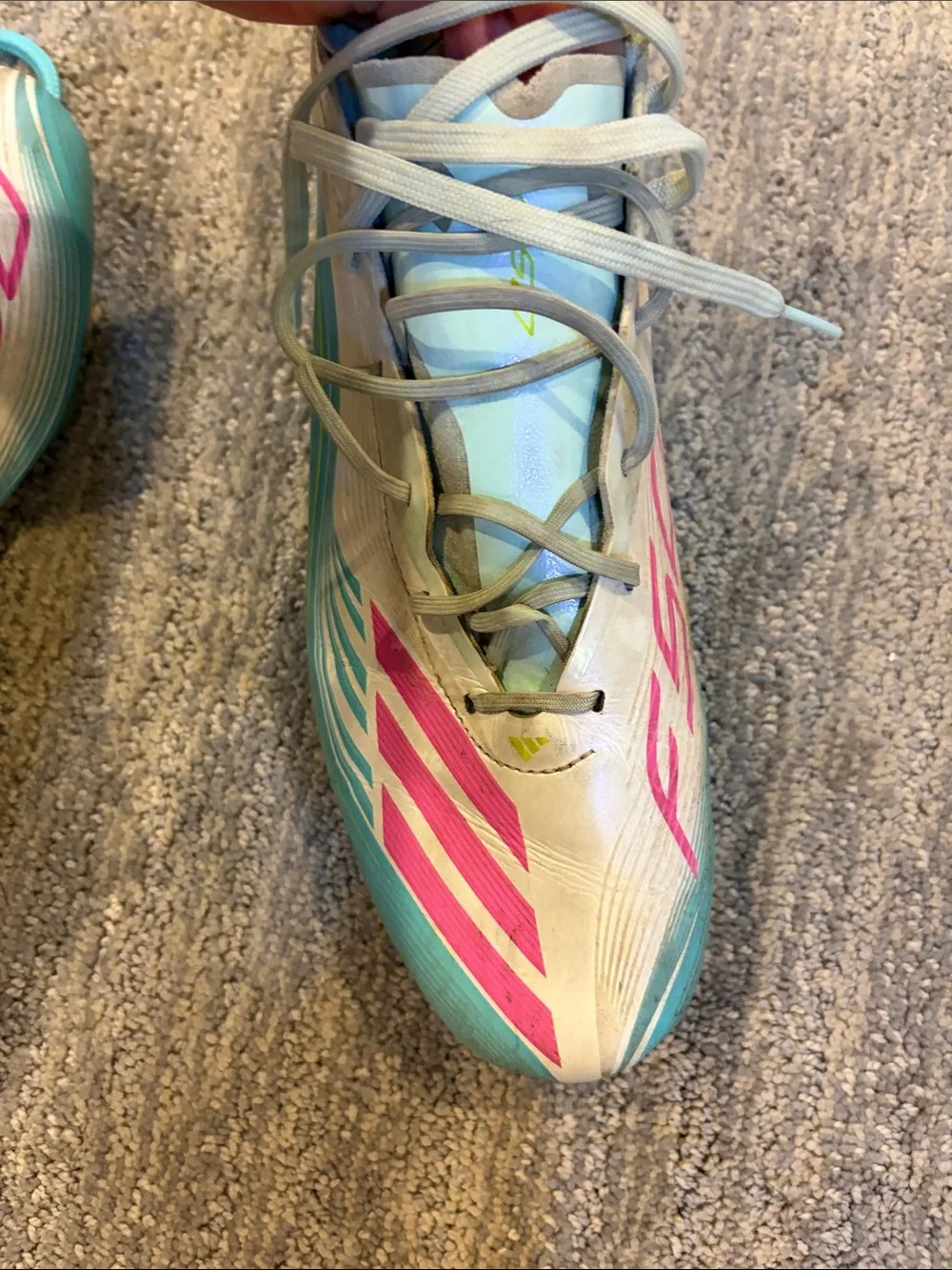 adidas Mens F50 Soccer Cleats in White, Pink & Teal Messi